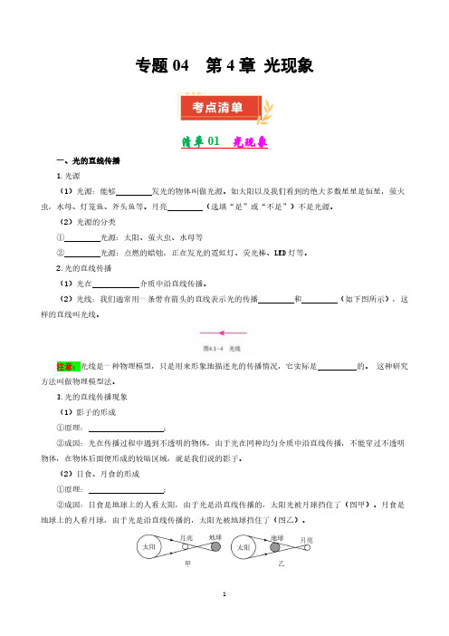 人教版八年级物理上册  专题04 第4章 光现象【考点清单】