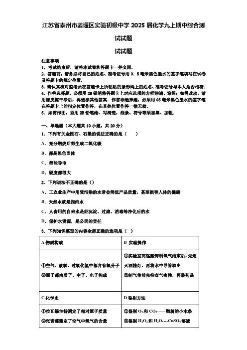 江苏省泰州市姜堰区实验初级中学2025届化学九上期中综合测试试题含解析