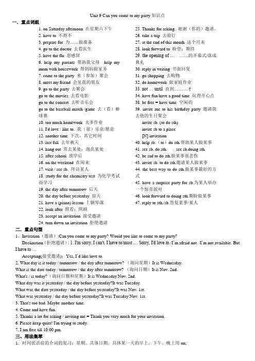 2017-2018最新人教版初中八年级上册英语Unit9Can-you-come-to-my-party知识点、语法点(2页)