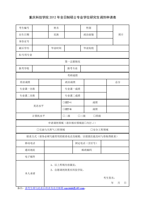 重庆科技学院2012年全日制硕士专业学位研究生调剂申请表