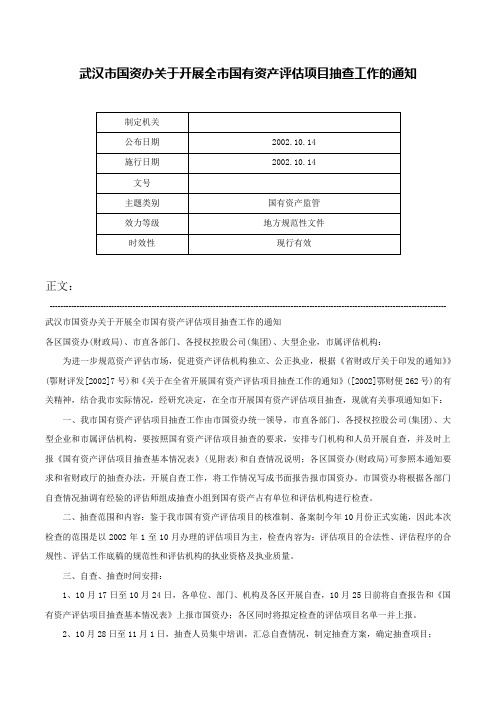 武汉市国资办关于开展全市国有资产评估项目抽查工作的通知-