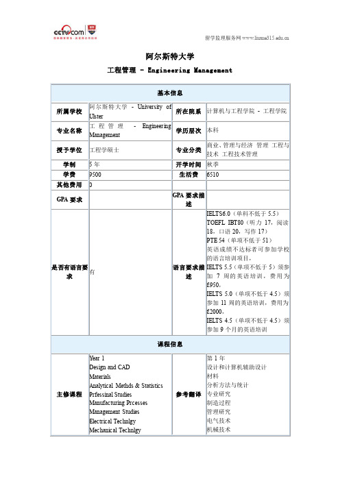 阿尔斯特大学工程管理硕士申请条件