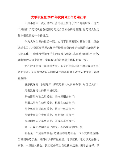 大学毕业生2017年度实习工作总结汇总