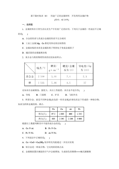 【创新方案】2017届高三化学一轮复习课下限时集训(9) 用途广泛的金属材料 开发利用金属矿物 Word版含解析