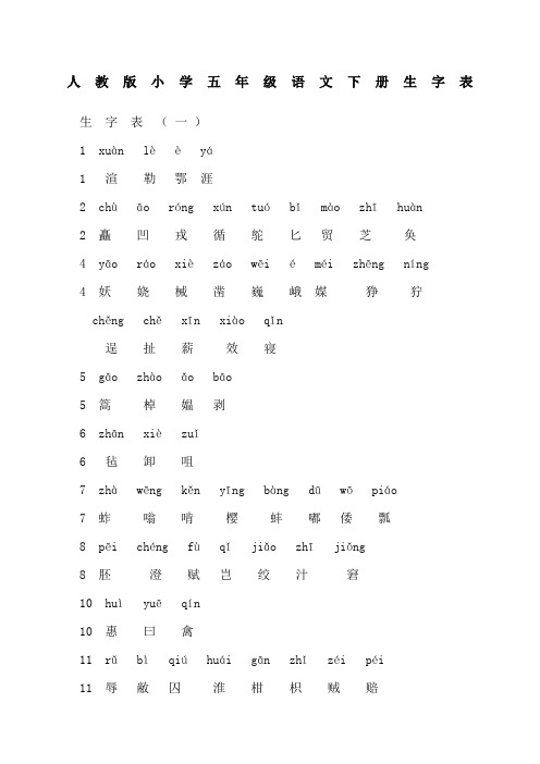 人教版小学五年级语文下册生字表