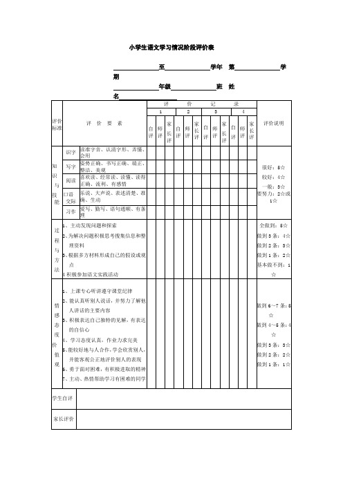 小学生语文学习情况阶段评价表