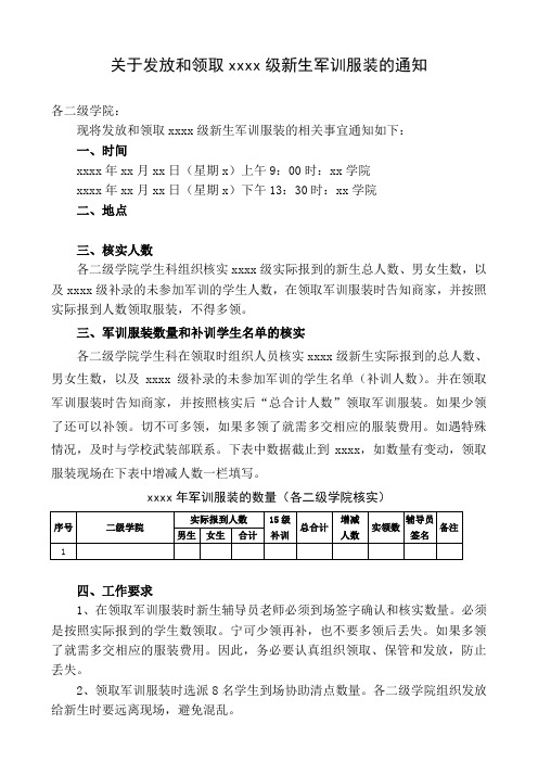 关于发放和领取xxxx级新生军训服装的通知