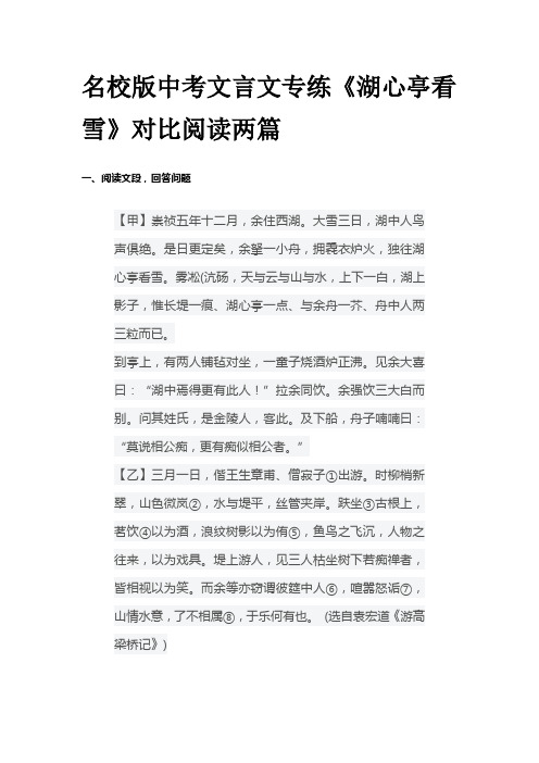 名校版中考文言文专练《湖心亭看雪》对比阅读两篇