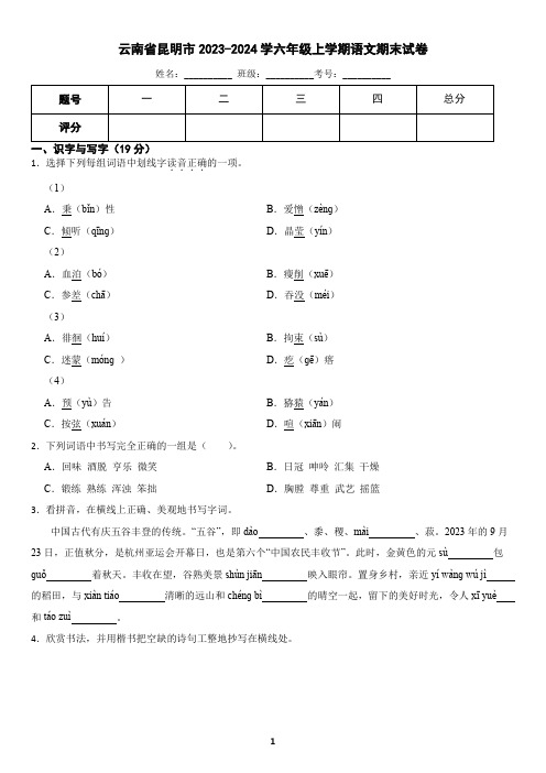 云南省昆明市2023-2024学年六年级上学期语文期末试卷(含答案)