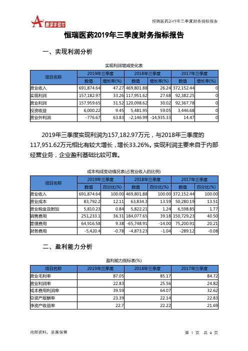 恒瑞医药2019年三季度财务指标报告