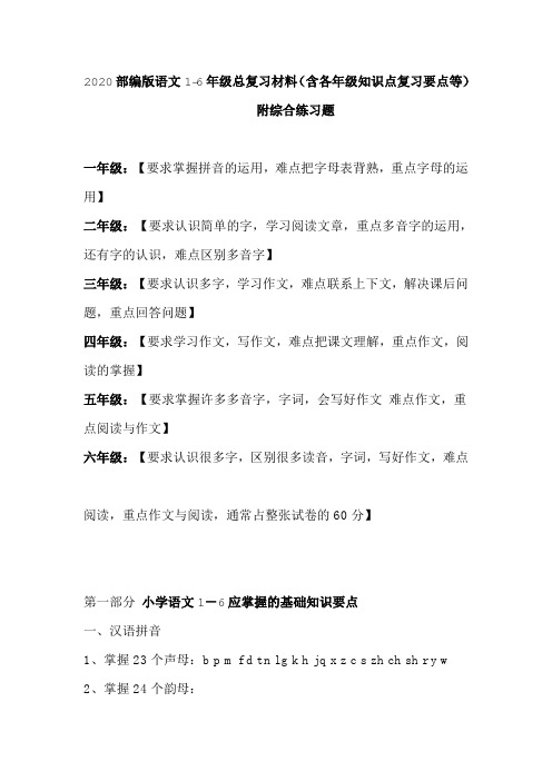 2020部编版语文1-6年级总复习材料(含各年级知识点复习要点等)有练习