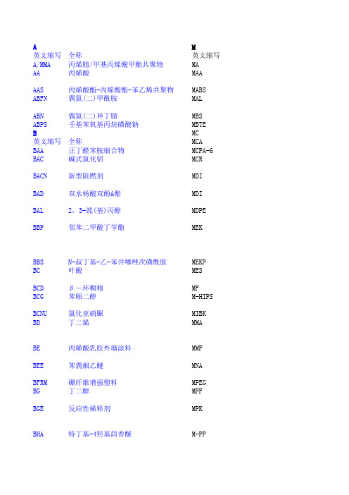 常用化工产品英文缩写与中文对照