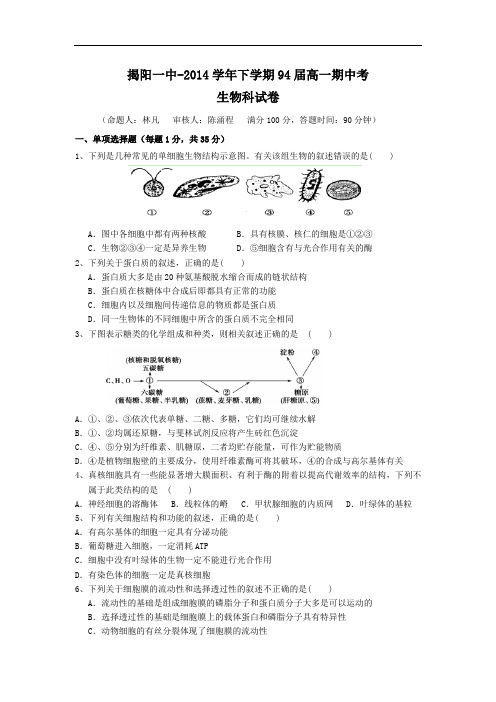 揭阳一中-2014学年高一下学期期中学业水平考试生物试题及答案