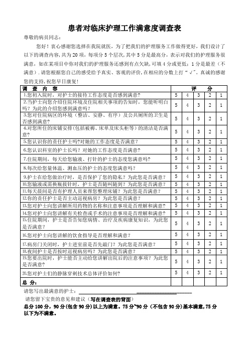 患者对临床护理工作满意度调查表