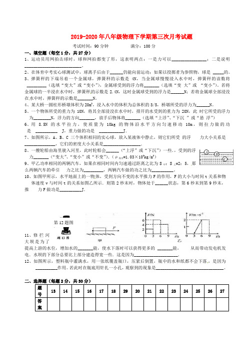 2019-2020年八年级物理下学期第三次月考试题