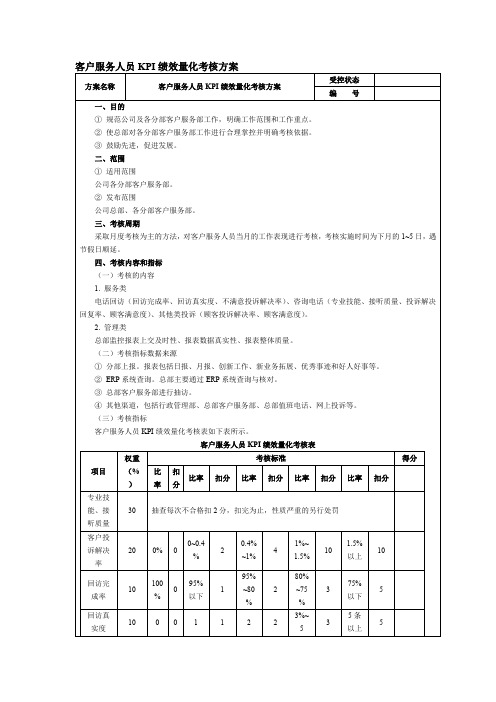 客户服务人员KPI绩效量化考核方案