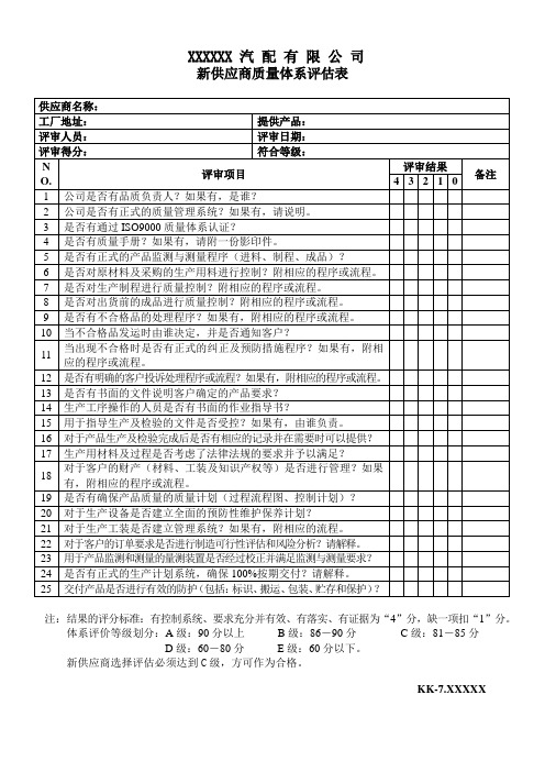 新供应商质量体系评估表