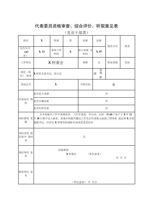 代表委员资格审查综合评价听取意见表