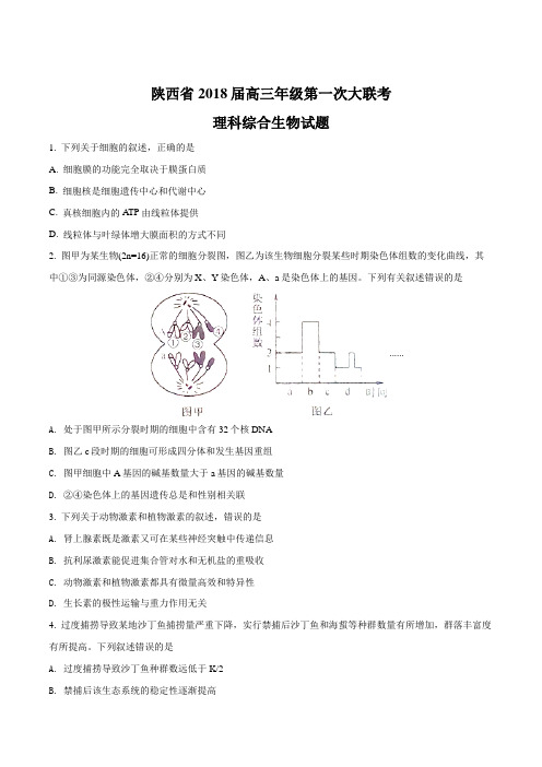 陕西省2018届高三年级第一次大联考理科综合生物试题(原卷版)