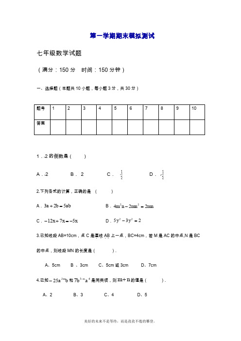 2019—2020年最新人教版七年级数学上学期期末模拟测试及答案解析【精品提分试卷】.doc