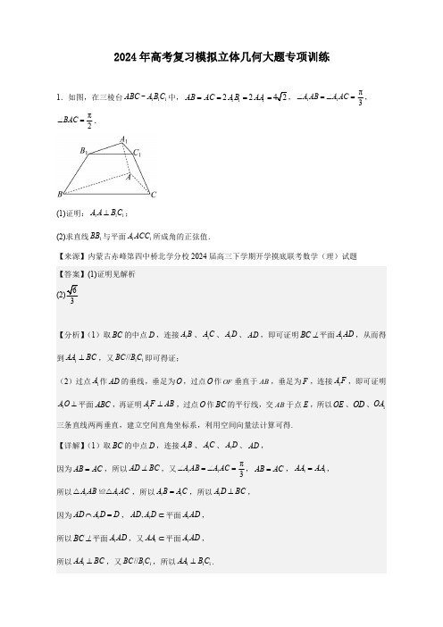 2024年高考复习模拟立体几何大题专项训练1.0
