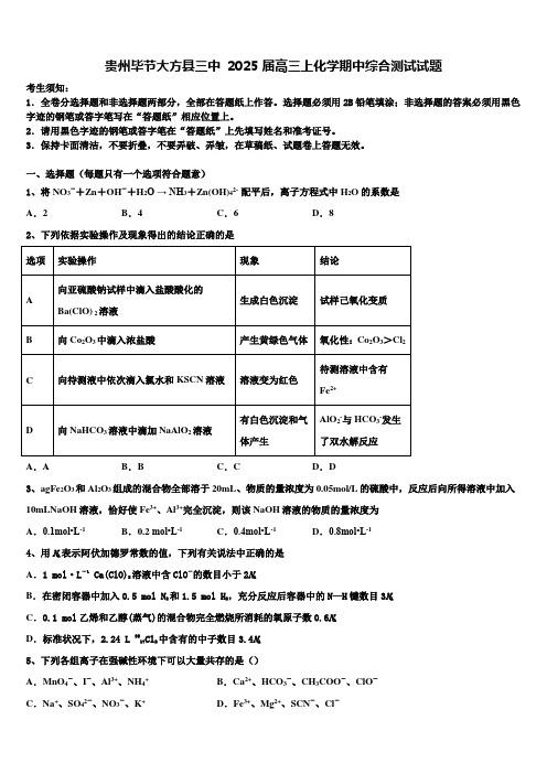 贵州毕节大方县三中2025届高三上化学期中综合测试试题含解析