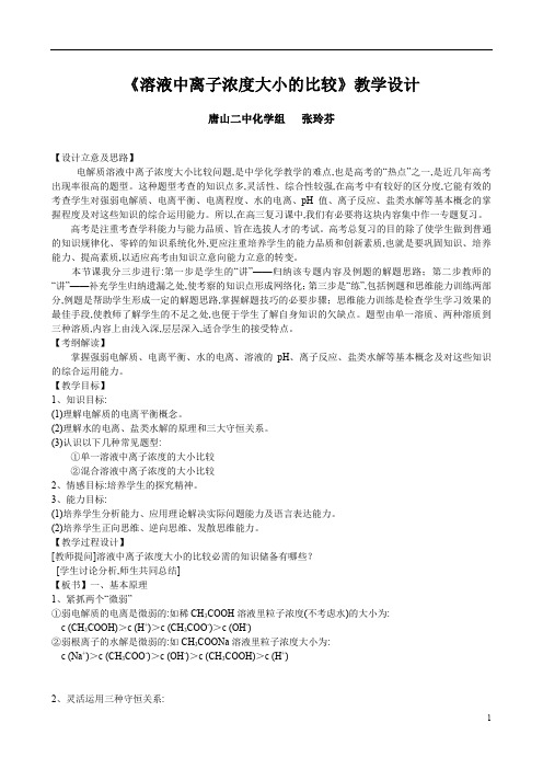 高中化学离子浓度比较公开课教学设计