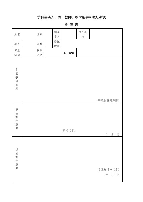 学科带头人、骨干教师、教学能手和教坛新秀推荐表模板