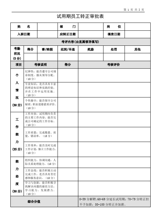 试用期员工转正审批表