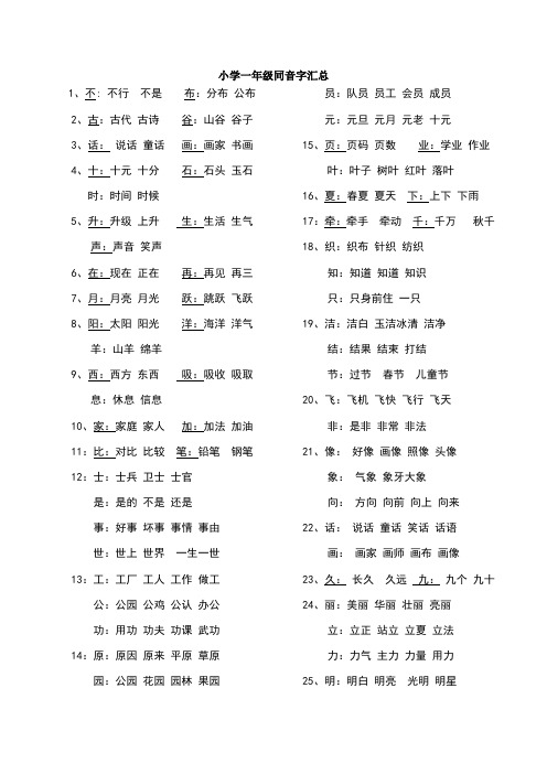 小学一年级同音字大全