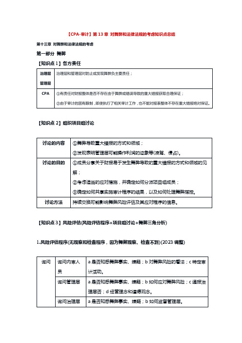 【CPA-审计】第13章 对舞弊和法律法规的考虑知识点总结