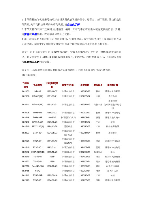 中国国内民航飞机注册号详细资料说明