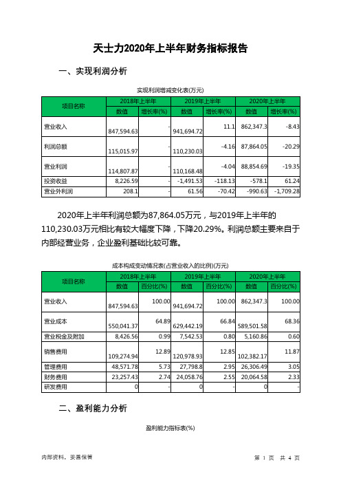 天士力2020年上半年财务指标报告