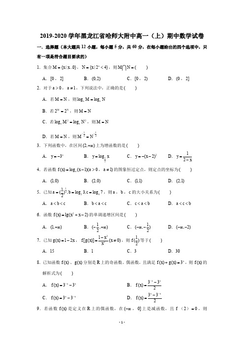 2019-2020学年黑龙江省哈师大附中高一(上)期中数学试卷试题及答案(Word解析版)