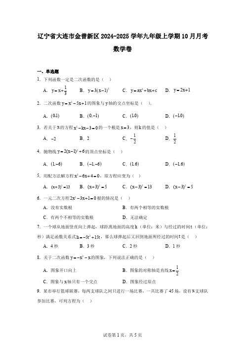 辽宁省大连市金普新区2024-2025学年九年级上学期10月月考数学卷