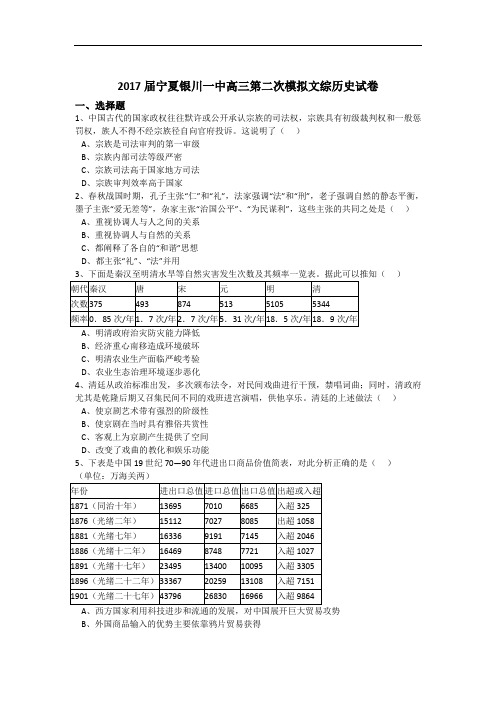 宁夏银川一中2017届高三第二次模拟文综历史试卷 Word