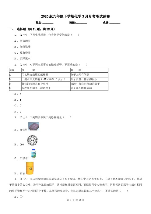 2020版九年级下学期化学3月月考考试试卷