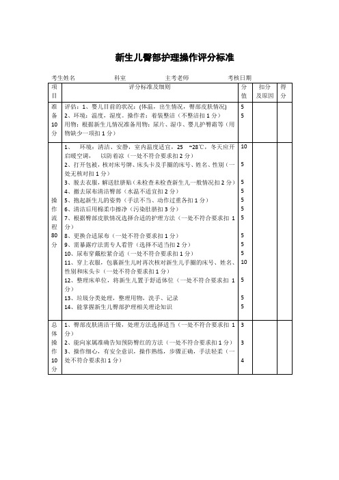 新生儿臀部护理操作评分标准