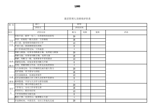 基层管理人员绩效评价表