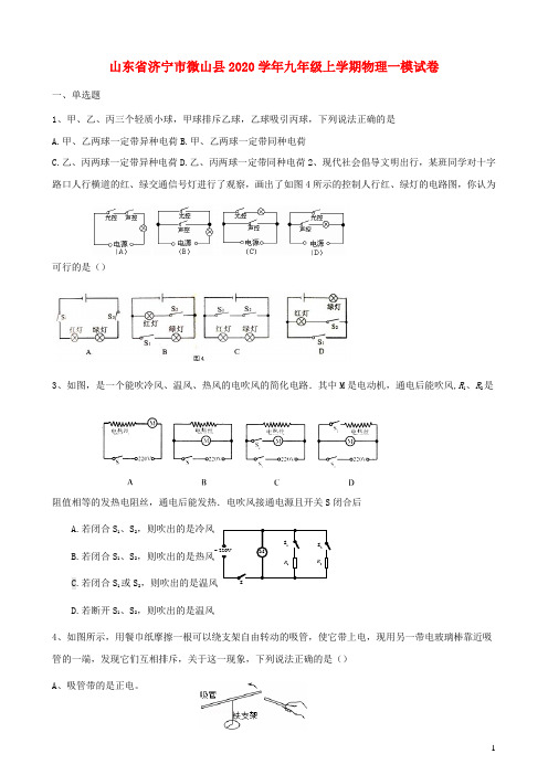 山东省济宁市微山县2020学年九年级物理上学期一模试卷