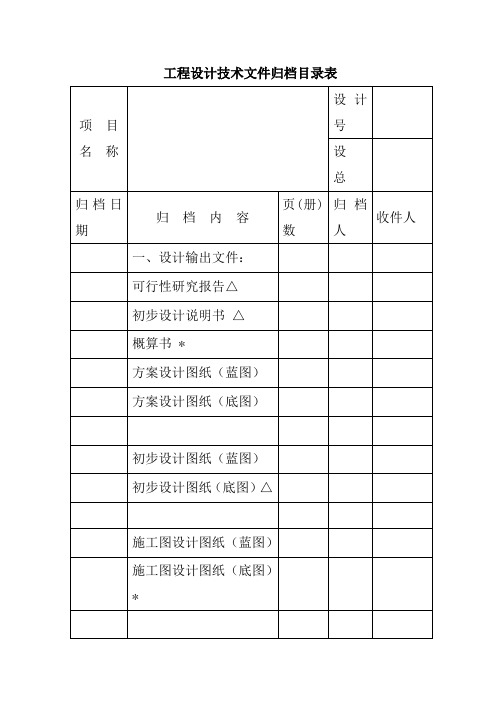 工程设计技术文件归档目录表