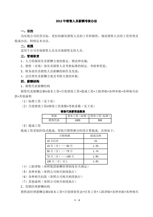 2012年销售人员薪酬考核办法(1)