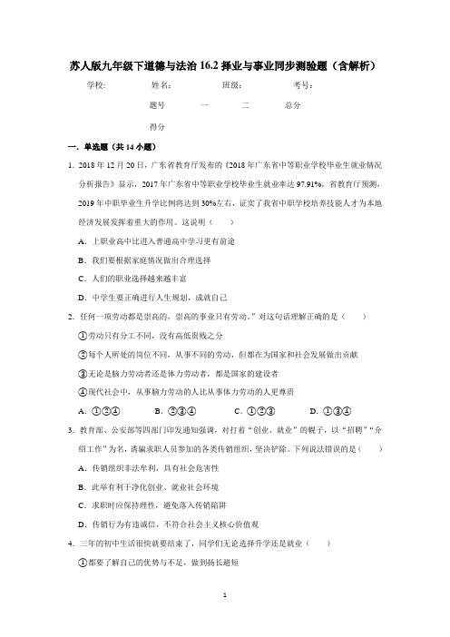 苏人版九年级下道德与法治16.2择业与事业 同步测验题(有答案含解析)