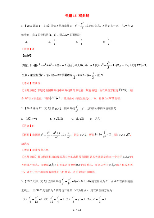 三年高考(2015-2017)高考数学试题分项版解析 专题15 双曲线 文