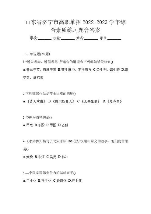 山东省济宁市高职单招2022-2023学年综合素质练习题含答案