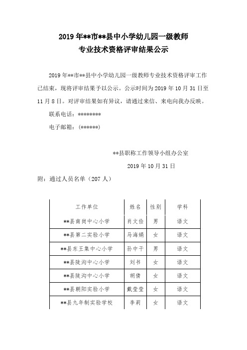 2019年XX市XX县中小学幼儿园一级教师专业技术资格评审结果公示【模板】