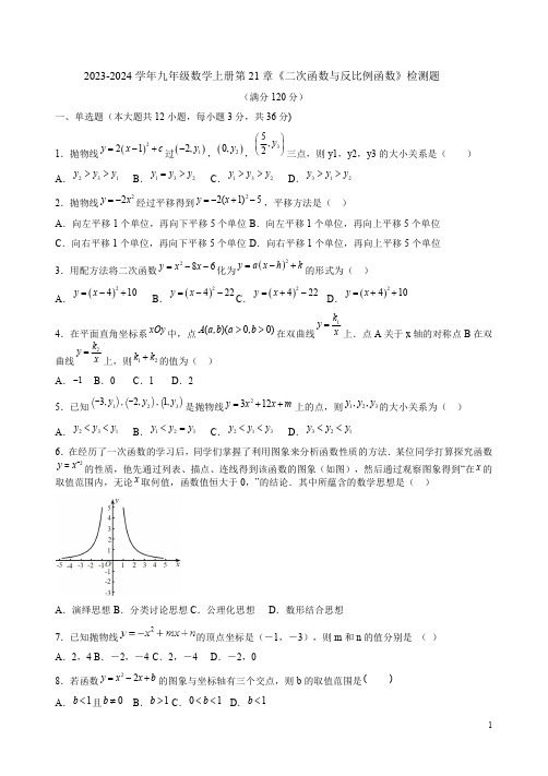 2023-2024学年沪科版九年级数学上册第21章《二次函数与反比例函数》检测题附答案