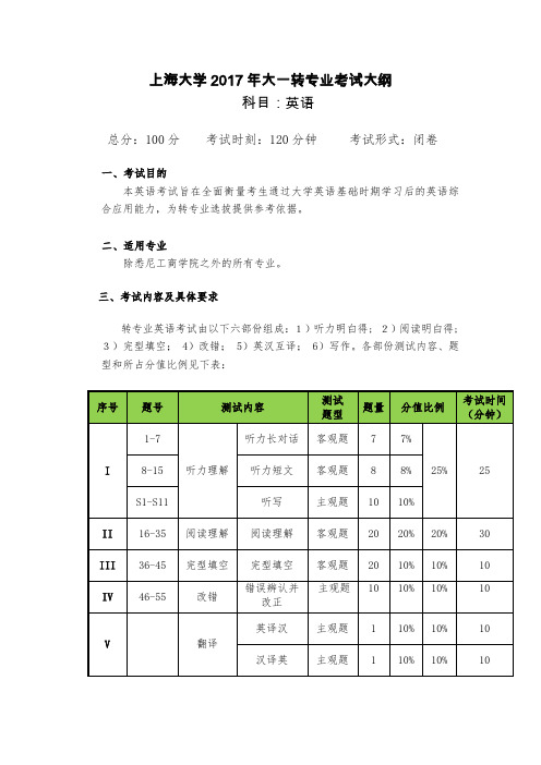 上海大学2017年大一转专业考试大纲