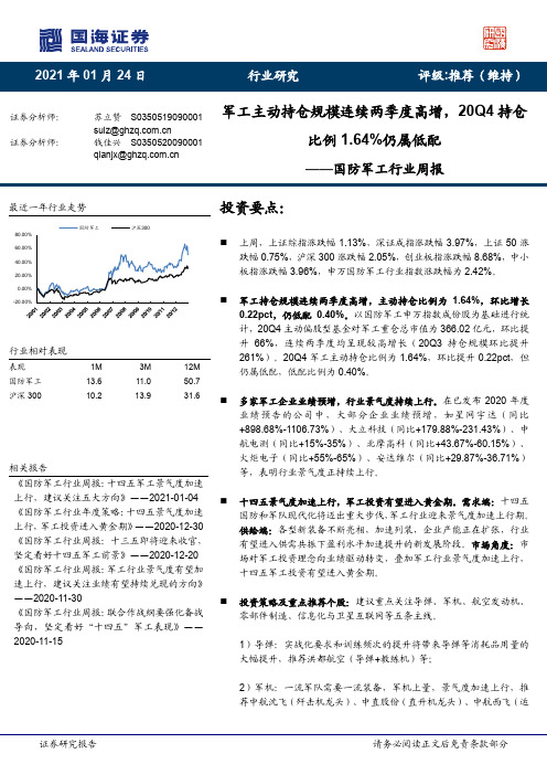 国防军工行业周报：军工主动持仓规模连续两季度高增，20Q4持仓比例1.64%仍属低配