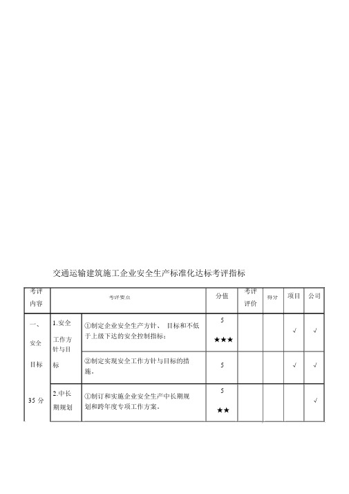 交通运输建筑施工企业安全生产标准化达标考评指标